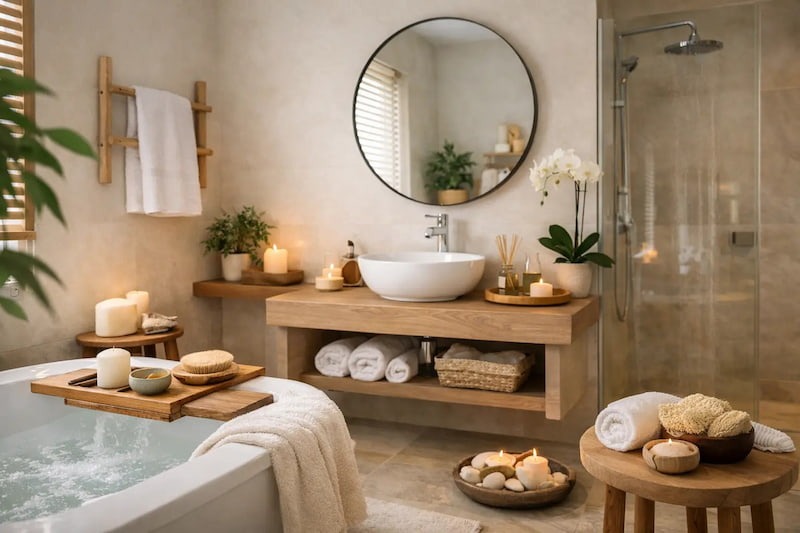 Budget spa bathroom transformation example with whirlpool spa bath and neutral finishes