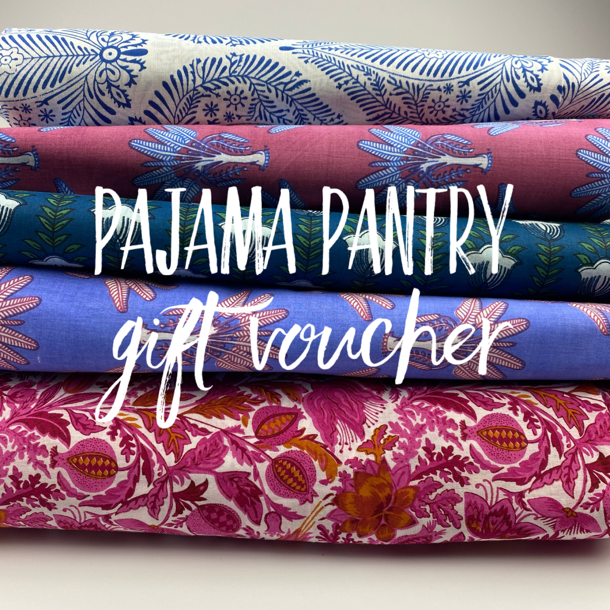 Selection of different pajama designs with text 'Pajama Pantry gift voucher'