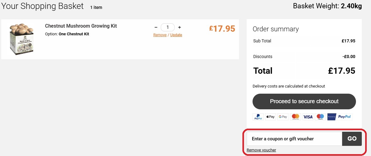 Checkout page showing where to enter gift voucher code